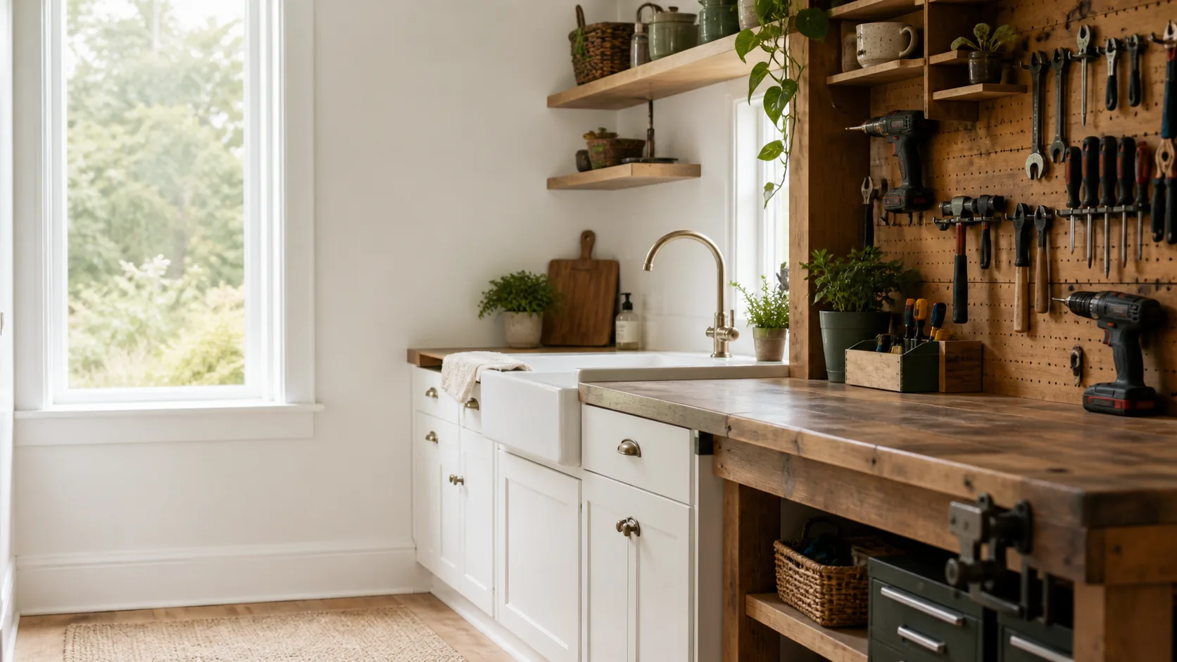 Sunlit kitchen workbench with everyday home repair tools